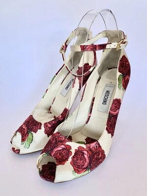 MOSCHINO 2011 Red Rose Print peep toe ankle strap high heel shoes 36 - Image 1 of 4