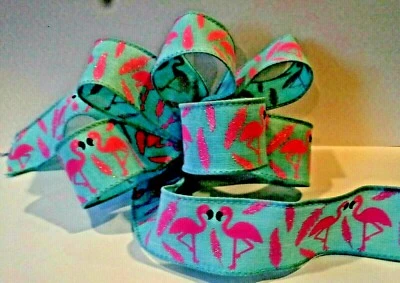 1-1/2" wide wired Ribbon pink Flamingos and glitter feathers  5 yds. piece  NEW! - Image 1 of 2