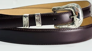 Echt Leder Gürtel 40 & .925 Sterling Silber Gravur Vintage Gürtelschnalle - Bild 1 von 10