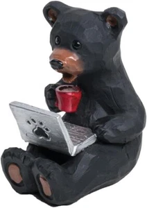 Lipco geschnitzter Bär in Holzoptik mit Laptop und Kaffeefigur, Polyresin, 4,3 - Bild 1 von 1
