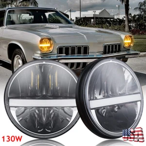 Black 2PC 7" Round LED Headlights w/ Turn Signal for Old-smobile Cutlass Supreme - Picture 1 of 12