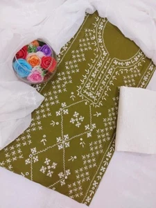 HANDMADE MIRROR WORK/ SINDHI TANKA SOFT COTTON 3Pc SUIT. UNSTITCHED.MEHNDI GREEN - Picture 1 of 12