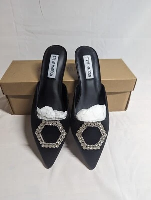 NIB Steve Madden Kees Black Satin Rhinestone Buckle Kitten Heel Mule Size 6 - Image 1 of 4