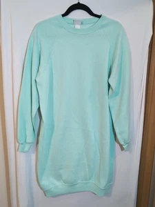 Vintage 1980s Lee Teal Blank Sweatshirt Dress Large 80s Long Crewneck - Picture 1 of 3