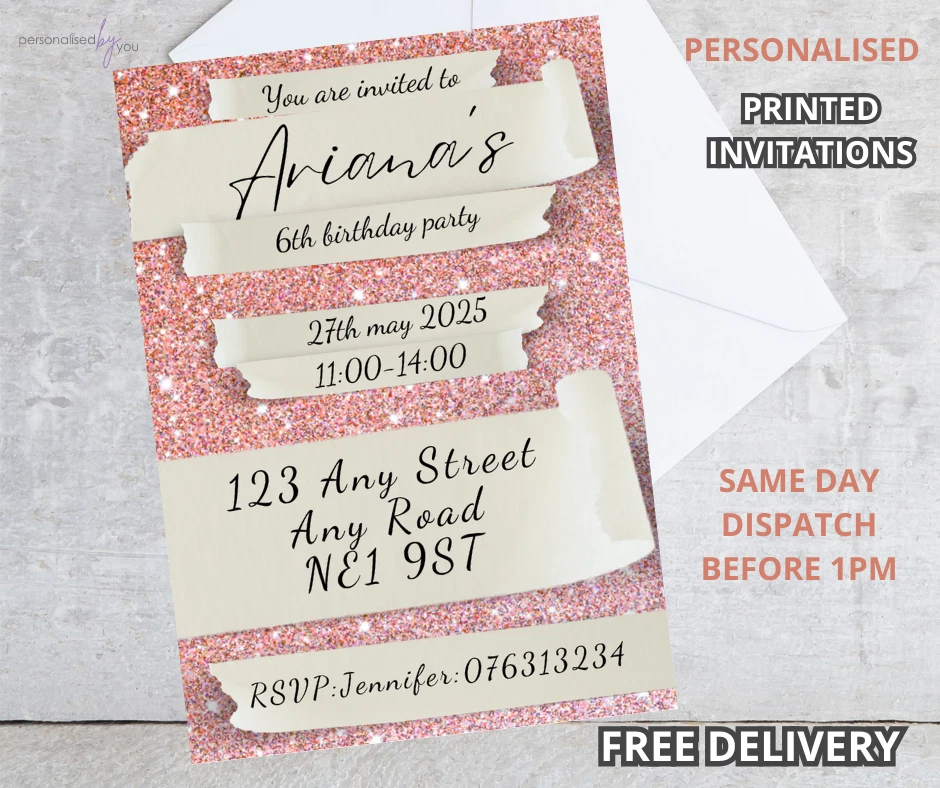 Personalised PRINTED PINK GLITTER THEME A6 Birthday Party Invitations Invites - Image 1 of 1