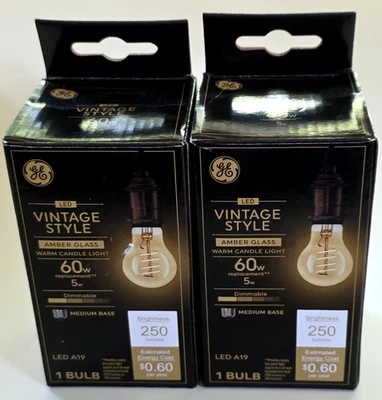 2 GE Vintage Style Amber Glass Warm Candle Light 60w LED A19 Dimmable Light Bulb - Image 1 of 2