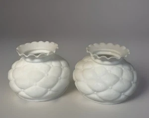 Pair Of Vintage Satin Glass Shades White Quilted Tufted Parlor Oil Table Lamp 7" - Picture 1 of 11