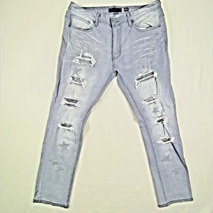Decibel Mens Gray Distressed Jeans Size 36x32 Star Patches Rhinestones - Picture 1 of 22
