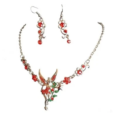 Parure femme - Bijou métal argenté - Fée Clochette -strass rouge email vert - Photo 1/2