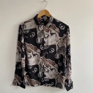All Saints Shirt Mens Small Black Brown Akita LS Long Sleeve Viscose Oriental - Picture 1 of 16