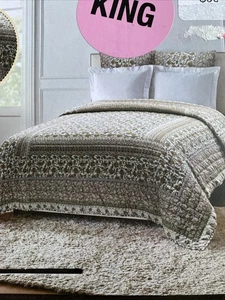 Nicole Miller Artelier Baumwolle King Size Quilt 106x92 Blockdruck Blumenmuster - Bild 1 von 9