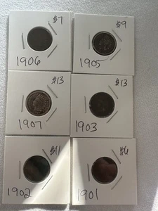 6 Indian Head Pennies 1901 To 1907 - Picture 1 of 13
