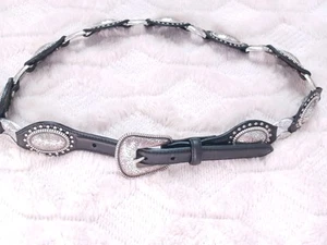 Vintage Justin Western Genuine Leather & Silver Tone Metal Black Belt Size 38 - Picture 1 of 6