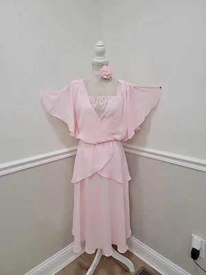 VTG Lola Berent For Superstition Pink Chiffon Draped Midi Tea Dress/Belle Sleeve - Image 1 of 4