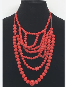 Simply Vera Asian Red Cinnabar Style Sculpted Round Barrel Beads Abstract 18" - Picture 1 of 13