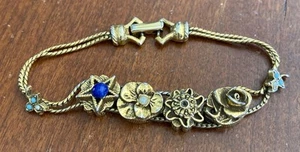 Vintage Goldette Victorian Revival Gold Tone Floral Star Sliding Charm Bracelet - Picture 1 of 10