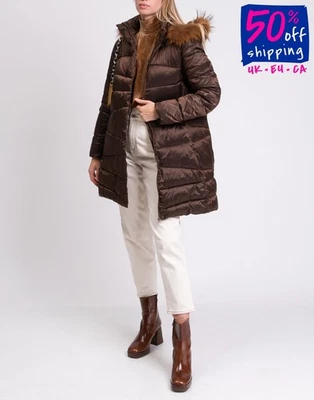 PVP €820 ALEGRI Abrigo Acolchado de Plumón Talla L Marrón Borde de Piel de Mapache Capucha Desmontable Foto 1 de 4