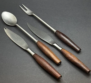 4 Vintage Utensils Set MCM Atomic Age Retro Japan Stainless Steel Wood Barware - Picture 1 of 6