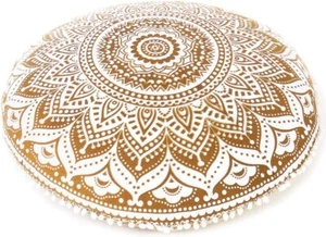 32" Large Handmade Gold Print Mandala Round Floor Cushion Meditation Pillow - Picture 1 of 6