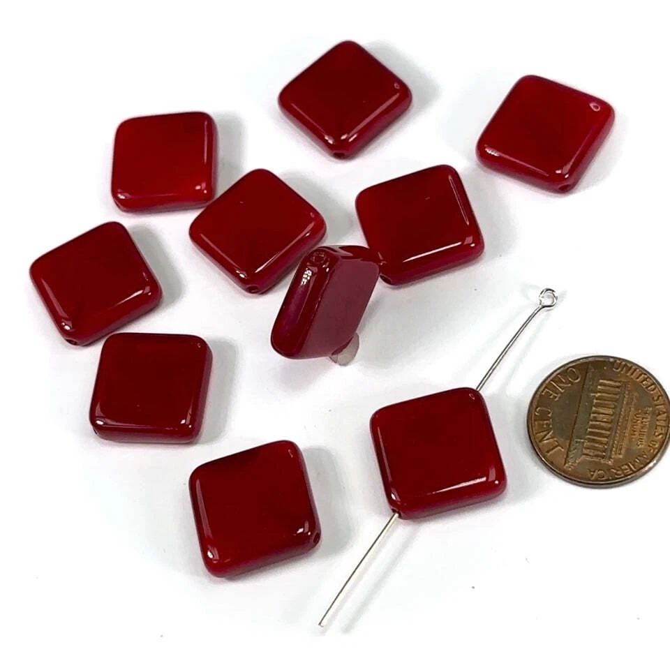 Czech Druk Flat Square Diagonally Drilled Glass Beads 16mm 2-tone Dark Red 10pcs - Image 1 of 1