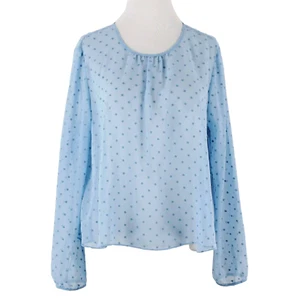 Chelsea 28 NEW $68 Sz M Light Blue Sheer Flocked Polka Dot Poly Blouse Top - Picture 1 of 14