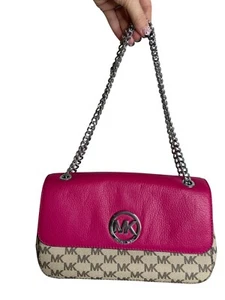 Y2K Michael Kors Signature Pink & Beige Logo Chain Shoulder Bag - Picture 1 of 5