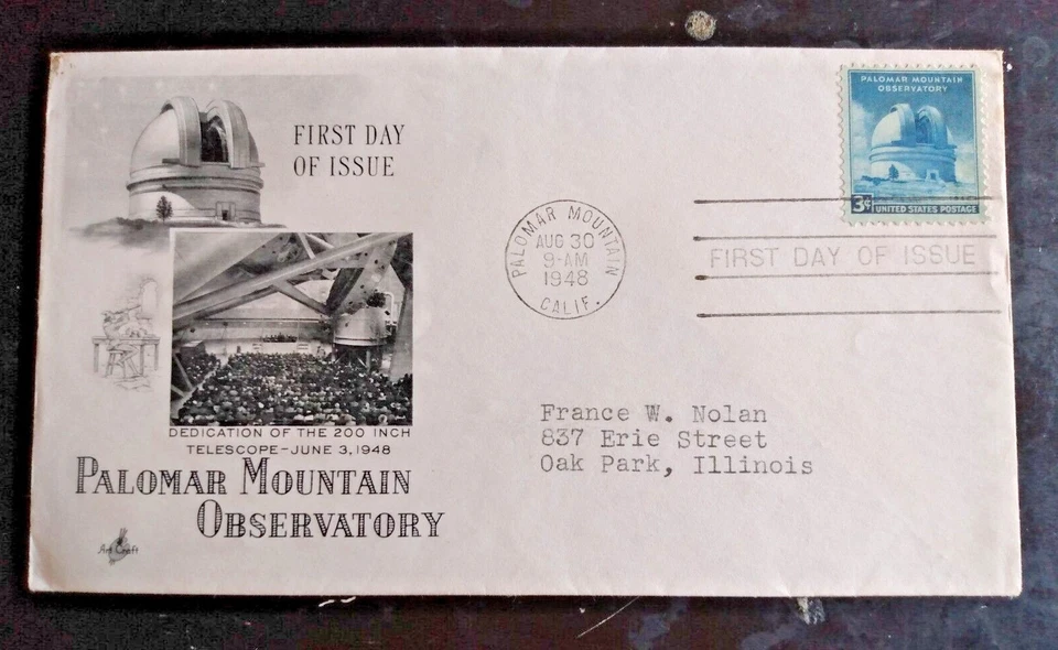 TELESCOPE OBSERVATORY PALOMAR MOUNTAIN CALIFORNIA  ARTCRAFT CACHET 1948 FDC   - Image 1 of 1