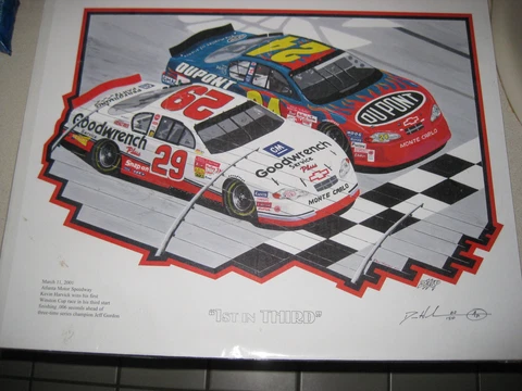 Jeff Gordon Kevin Harvick first WIN Atlanta Lithograph~by Don Hodson with COA-AP Cover