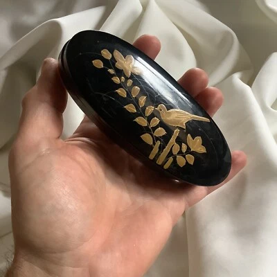 Caja de pastillas Inro negra antigua Japón pintura a mano laca de pájaro joyería oro arte Makie Foto 1 de 4