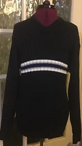 HUGO BOSS MENS NAVY STRIPED V-NECK COTTON KNIT SWEATER PULLOVER L #1221 24MR - Picture 1 of 15