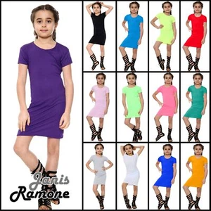 Girls Bodycon Dress Kids Plain Short Sleeve Round Neck Stretchy Mini Tunic Top - Picture 1 of 96