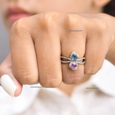 Anillo de doble banda de diamantes y zafiro rosa, azul corte corazón joyería de oro blanco de 14 k  Foto 1 de 4