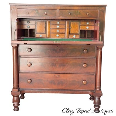 Antique classical Cherry Mahogany Tiger maple butlers desk tall dresser 1830 - Image 1 of 4