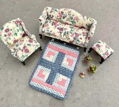 Conjunto de muebles de casa de muñecas de colección 7 piezas para sala de estar victoriana flores edredón 1:12 Foto 1 de 4