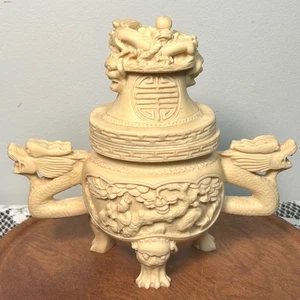 Dragon Incense Burner Faux Bone Resin Ornate Sculpture Decor Chinese Asian Lid - Picture 1 of 16