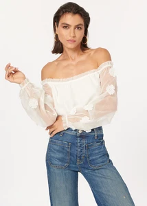 Cami NYC Jazz Top in White Crop Sheer Sleeves Floral Embellished Size XS - Picture 1 of 7