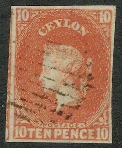 Ceylon 1857 SG9 10d Dull Vermilion 4m Large Margins Ex Lionheart Superb Used - Foto 1 di 1