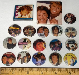 1980s WHAM George Michael Pinback Buttons 18 Pin Lot UK Pop Band 1980s VTG Music - Bild 1 von 8