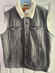 Levis Denim Trucker Vest Mens XXL Sherpa Lined Stiff Blue Jean Jacket - Picture 1 of 4