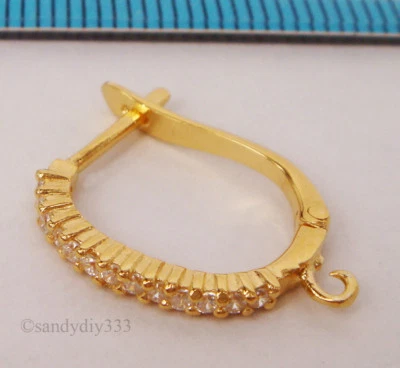 2x 18K GOLD plated STERLING SILVER CZ CRYSTAL HOOP EAR WIRE DANGLE EARWIRE G205 - Image 1 of 2