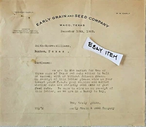 1925 WACO TEXAS carta EMPRESA DE GRANO TEMPRANO Y SEMILLAS EUGENE TEMPRANO W.W. TEMPRANO - Imagen 1 de 1