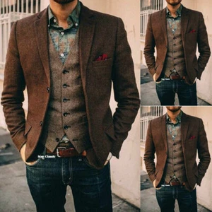 Vintage Brown Herringbone Wool Blend Vintage Suits With Vest 2 Button Jacket New - Picture 1 of 19