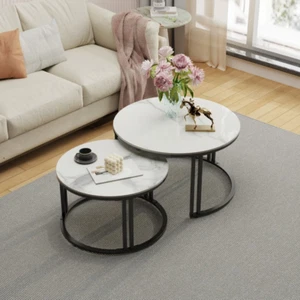 Small Living Room Furniture Table 2 Pack round Marble Nesting Center Coffee Tabl - Picture 1 of 14
