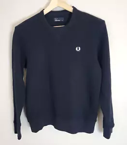 FRED PERRY Mens Jumper Cotton Knit Sweater Classic Crew Neck Navy Size Medium - Picture 1 of 7