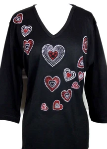 1X 2X or 3X Rhinestone & Silver Stud Bling Cascading Hearts Valentine's Day Top - Picture 1 of 5
