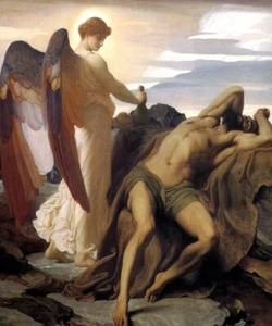 ELIJAH IN THE WILDERNESS ANGEL AWAKENS PROPHET BIBLE PAINTING BY LEIGHTON REPRO - Picture 1 of 3