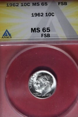 1962 - ANACS 10C MS65 FSB ROOSEVELT DIME #B48535 - Image 1 of 2