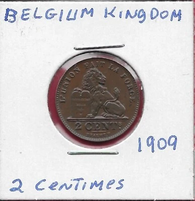 BELGIUM 2 CENTIMES 1909 LEOPOLD II,DES BELGES FRENCH,CROWNED DESIGN,DATE - Image 1 of 2