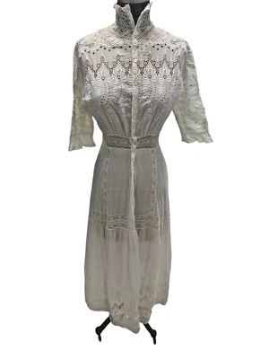 Antique Edwardian White Cotton Eyelet Lace Lawn Dress Small - Image 1 of 4