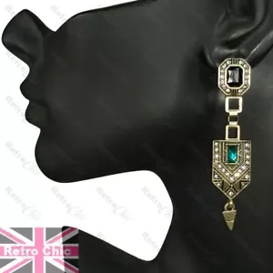 Largo Vintage Estilo Art Deco Cristal Verde Diamante Latón Antiguo Estrás - Imagen 1 de 4